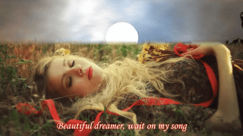 video still from the YouTube recording. blonde young woman sleeps in a field. moon on horizon.